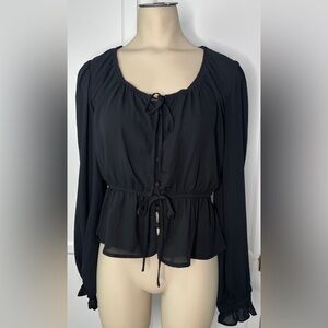 NWOT Melrose and Market Blouse Tie Front Sheer Peplum Black Long Sleeve